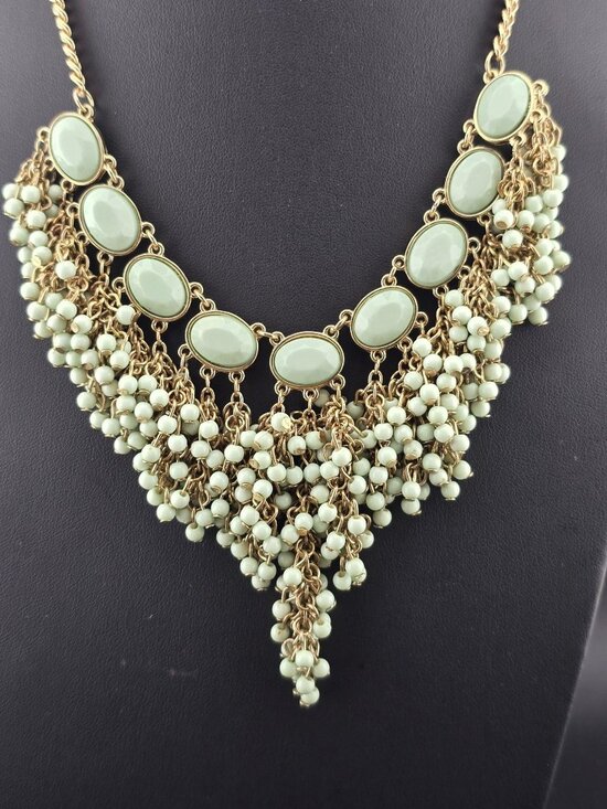 Other Jewelry - Mint Green Statement Necklace Gold Tone Chain Beaded Fringe Adjustable 21"